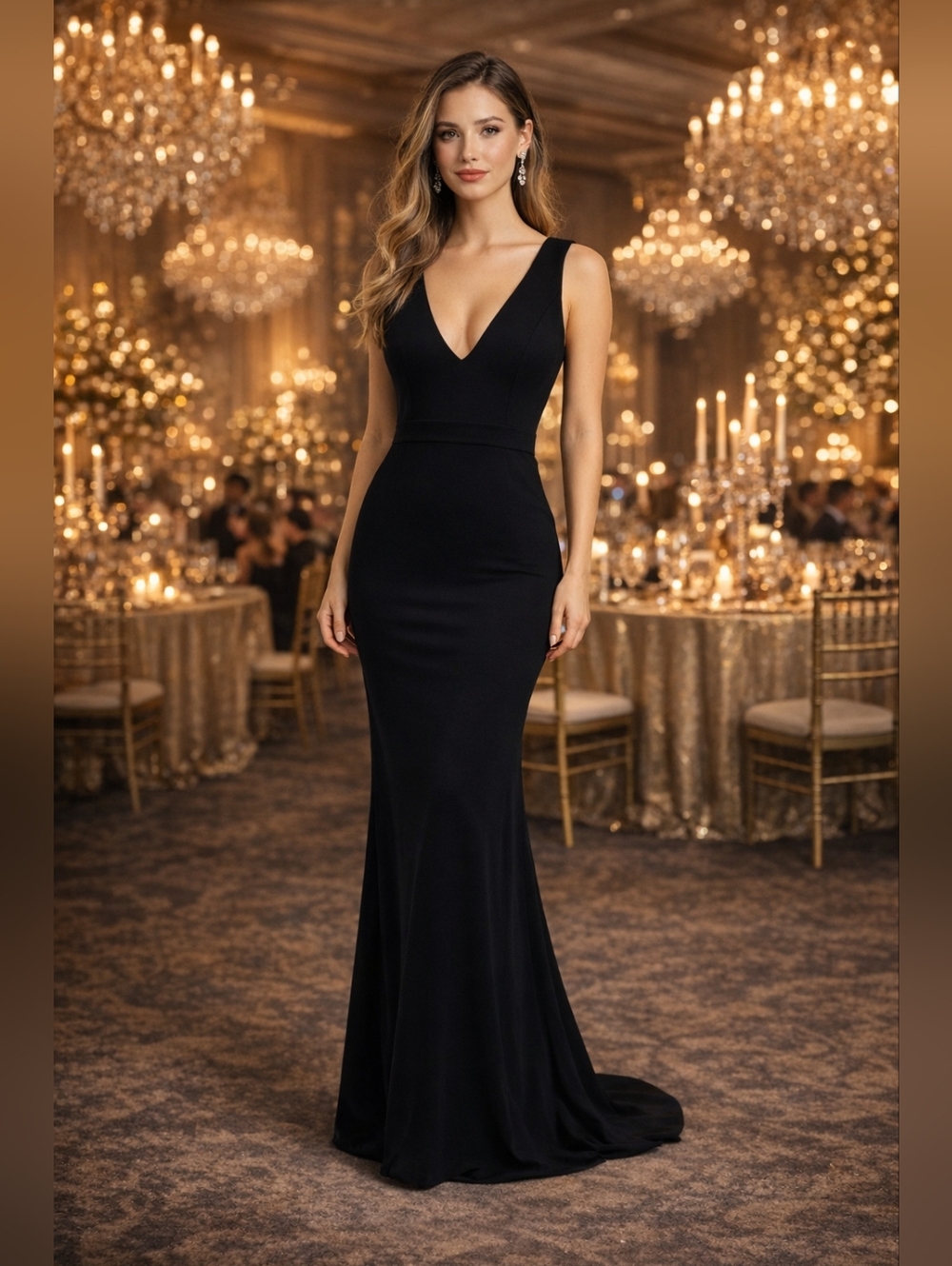 Windsor Classic Black Sleeveless V-Neck Fitted Maxi Dress